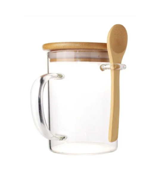 Clear Glass Mug with Bamboo Lid and Spoon