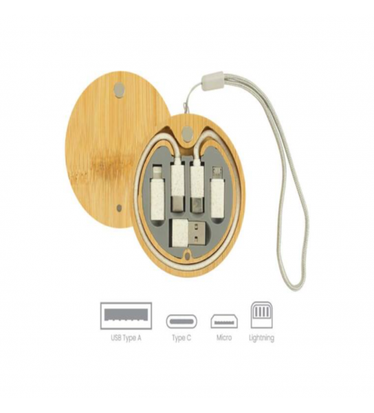 Multi-Charging Cable Set in Round Bamboo Case