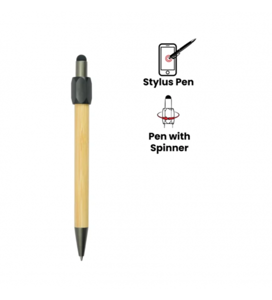 Bamboo and Metal Stylus Pens with Top Spinner (Blue Ink)